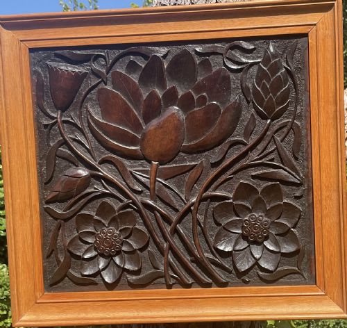 3 FINELY CARVED WATER PLANTS HARDWOOD PANELS C1880 - ADDITIONAL PHOTO 1