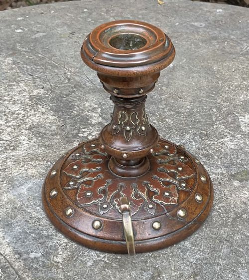 VICTORIAN TREEN WALNUT AND BRASS CHAMBER STICK C1860 - ADDITIONAL PHOTO 2