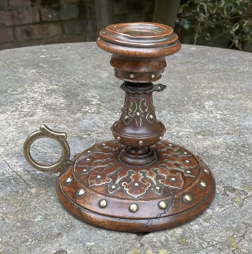 VICTORIAN TREEN WALNUT AND BRASS CHAMBER STICK C1860 - ADDITIONAL PHOTO 3