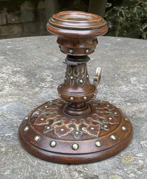 VICTORIAN TREEN WALNUT AND BRASS CHAMBER STICK C1860 - ADDITIONAL PHOTO 6