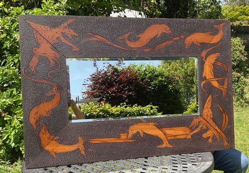 LARGE ARTS CRAFTS DRAGON AND DOLPHIN MIRROR