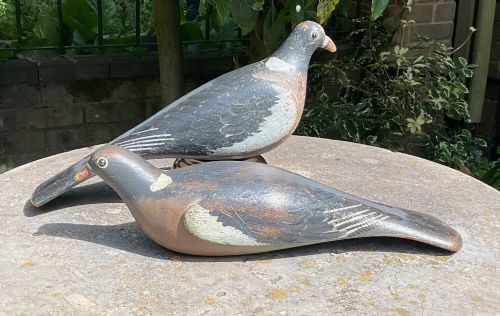 TWO ORIGINAL WOODEN DECOY PIGEONS c1900