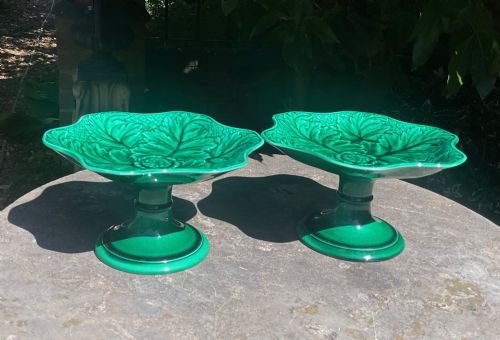 Pair Wedgwood Majolica Green Leaf Comports Stands C1870