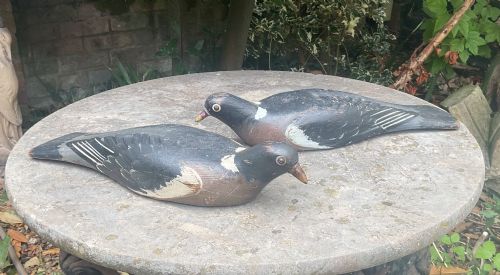 Pair English Painted Wood Decoy Pigeons C1900