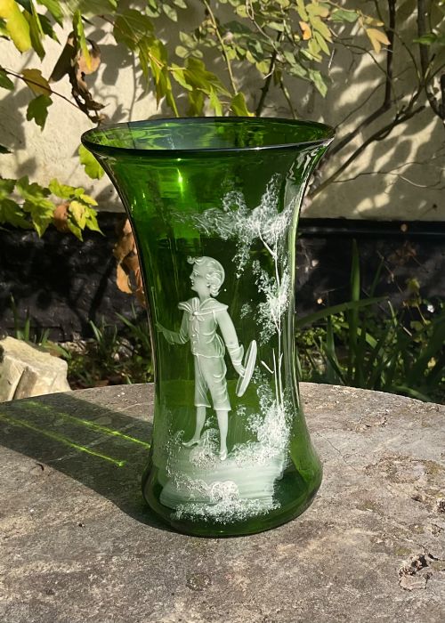 Mary Gregory Green Glass Vase C1880