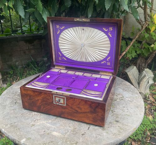 English Walnut and Silk Sewing Box C1860