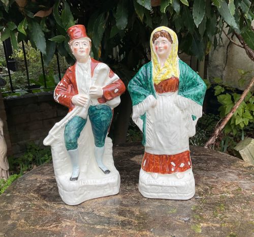 Pair Irish Staffordshire Figures Irish Piper & Irish Colleen C1890