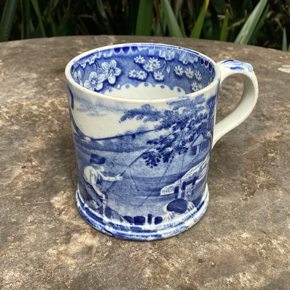 BRAMELD BOYS FISHING BLUE & WHITE POTTERY MUG c1820