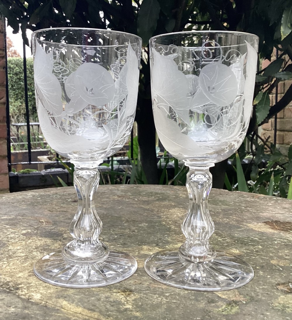 FINE LARGE PAIR VICTORIAN ETCHED AND CUT MORNING GLORY GLASSES