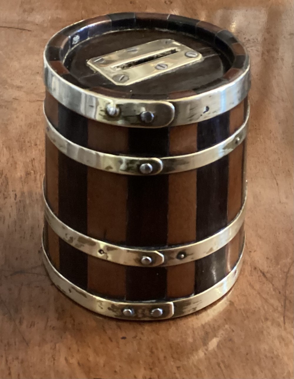 COOPERED MAHOGANY & SYCAMORE TREEN MONEY BOX c1870