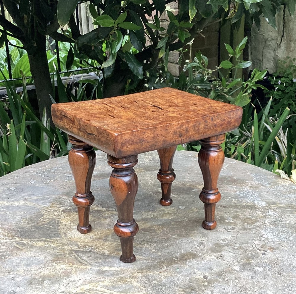 SMALL ENGLISH BURR WOOD AND LABURNUM STOOL c1860