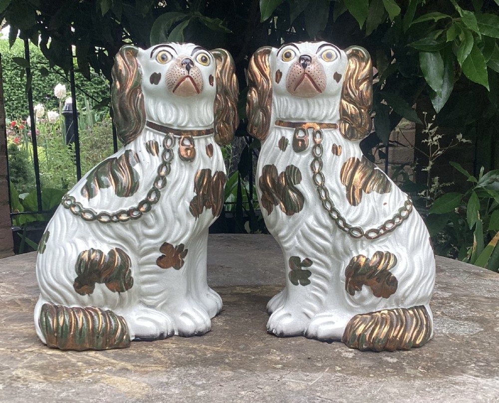 FINE PAIR COPPER LUSTRE STAFFORDSHIRE DOGS SIZE 3 c1860