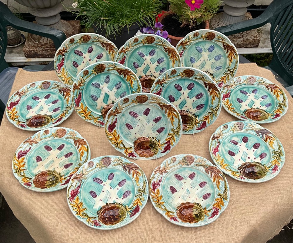 SET 12 FRENCH MAJOLICA ASPARAGUS ARTICHOKE SERVING PLATES c1880