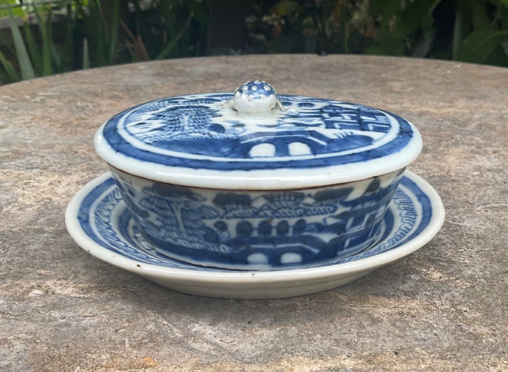 An early nineteenth-century oval Chinese porcelain covered dish on a matching stand decorated with blue and white hand-painted landscape motifs. View III