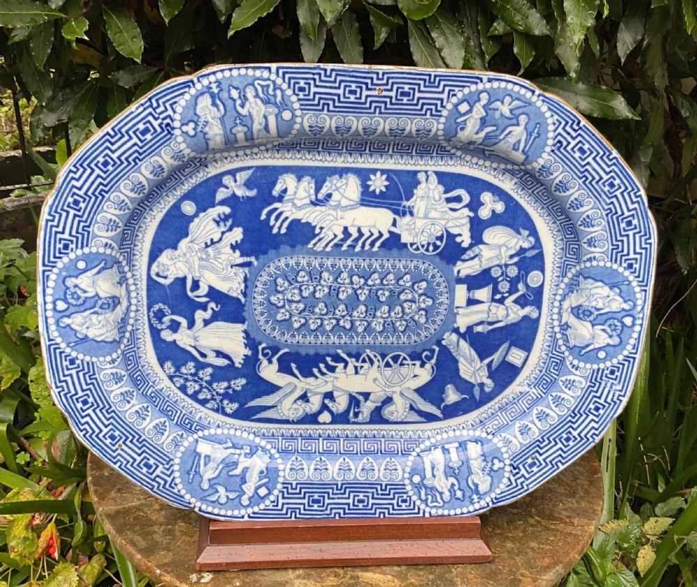 LARGE HERCULANEUM POTTERY BLUE & WHITE GREEK PATTERN SERVING PLATE c1820
