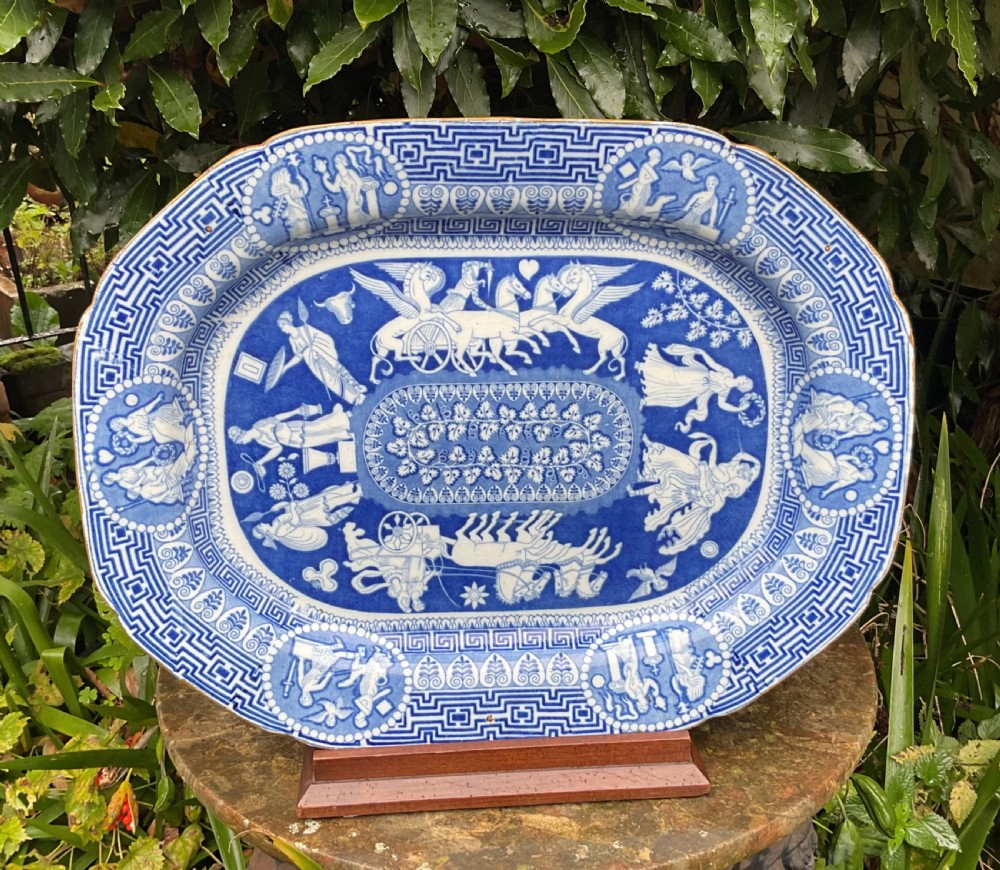 LARGE HERCULANEUM POTTERY BLUE & WHITE GREEK PATTERN SERVING PLATE c1820 View III