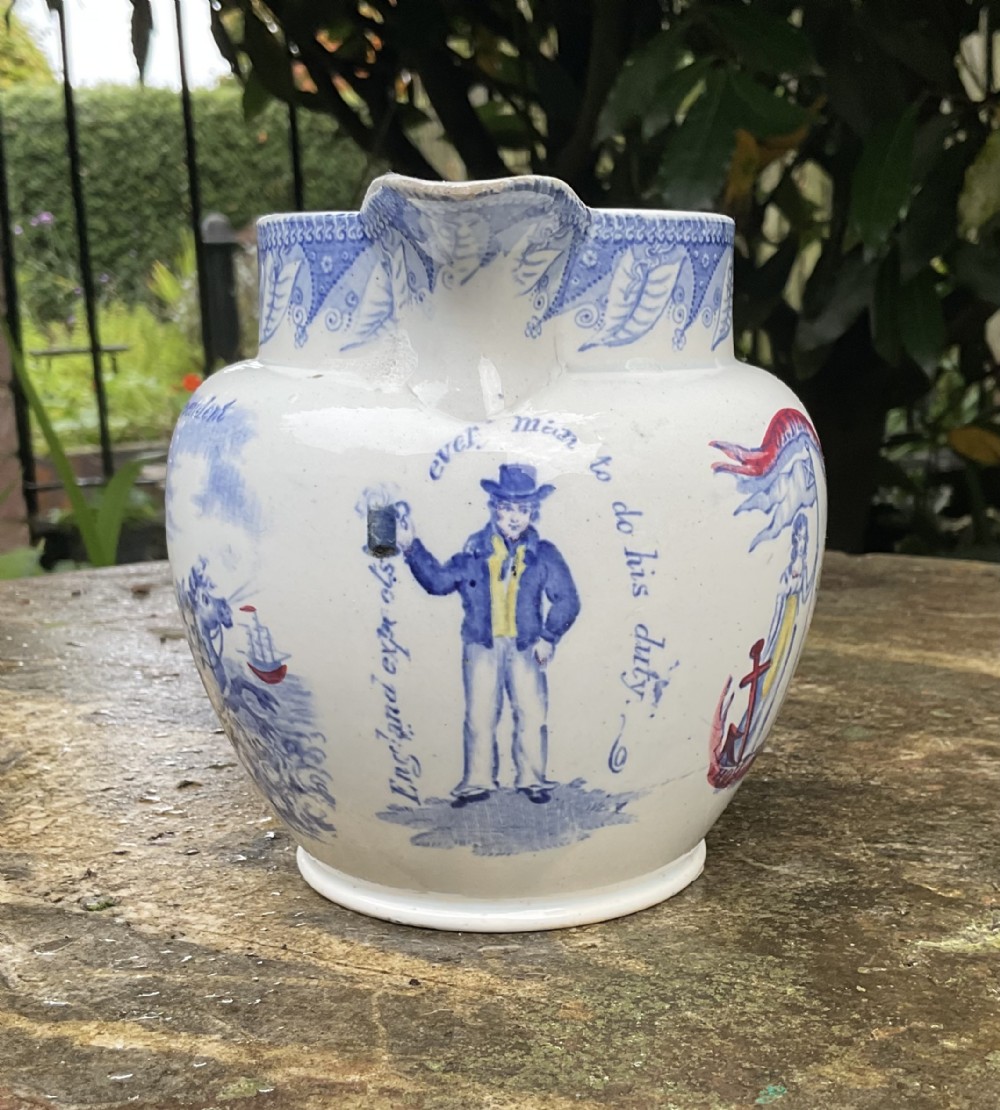 RARE BRITISH MARINERS NEPTUNE NELSON BLUE & WHITE JUG c1820