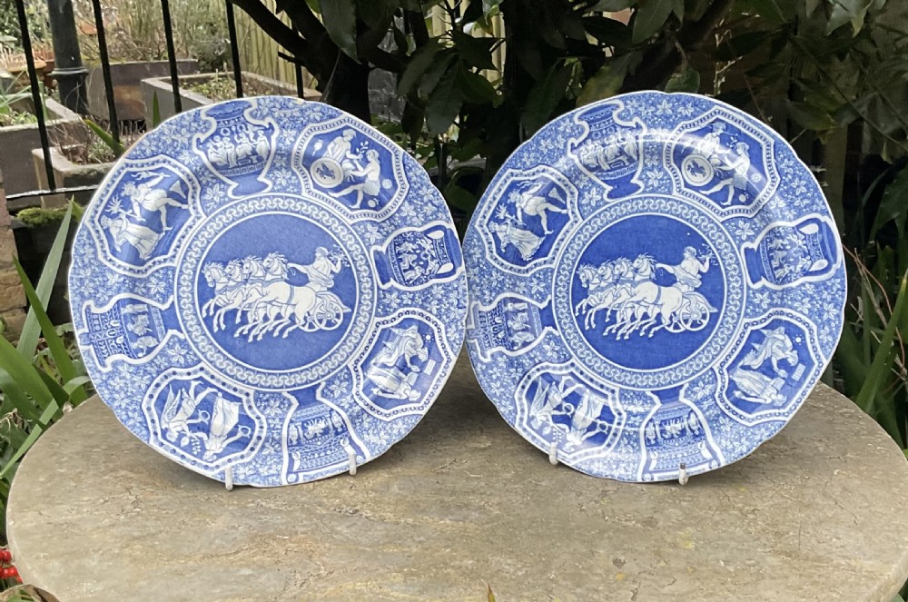 2 GEORGIAN SPODE BLUE & WHITE ZEUS IN HIS CHARIOT PLATES