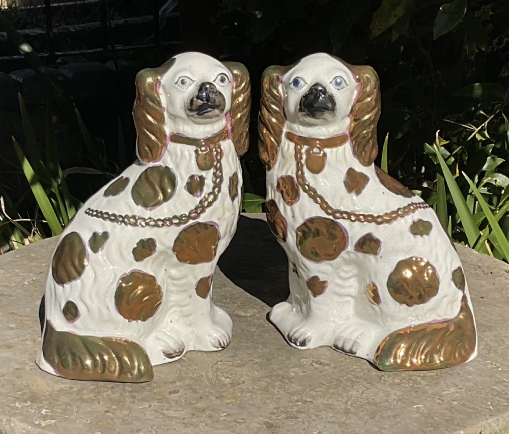 PROUD PAIR COPPER LUSTRE STAFFORDSHIRE DOGS c1880