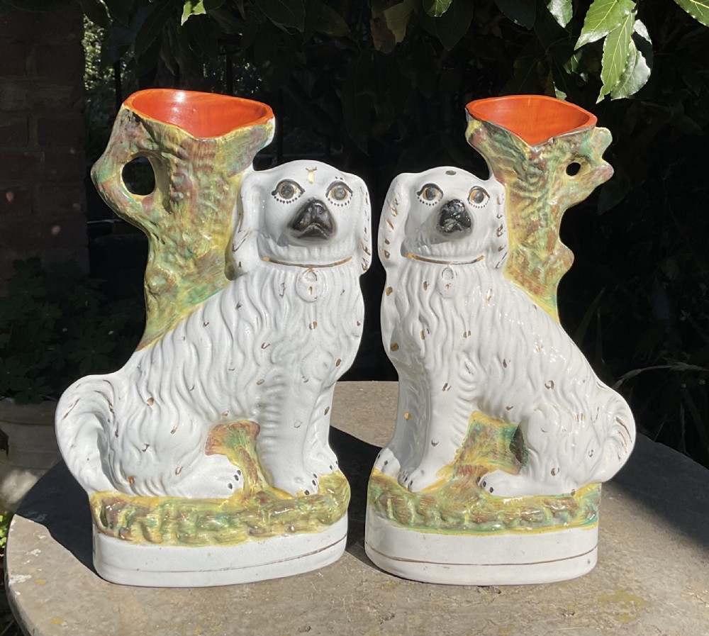 PAIR STAFFORDSHIRE DOGS SPANIELS SPILL VASES c1880