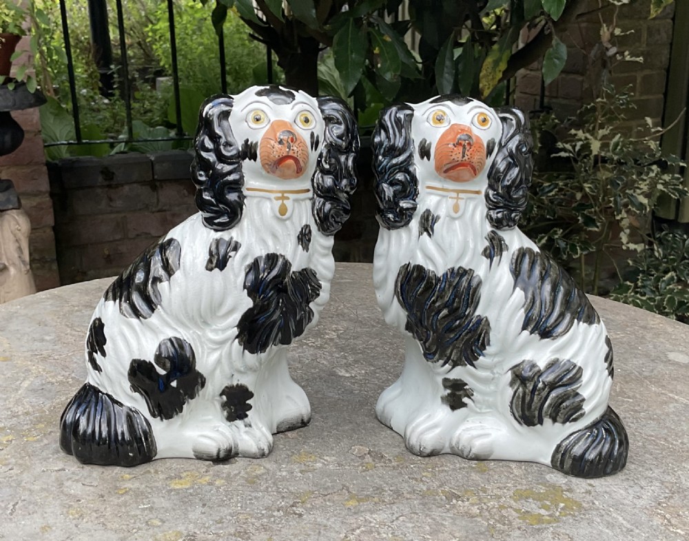 PAIR STAFFORDSHIRE BLACK & WHITE DOGS c1860