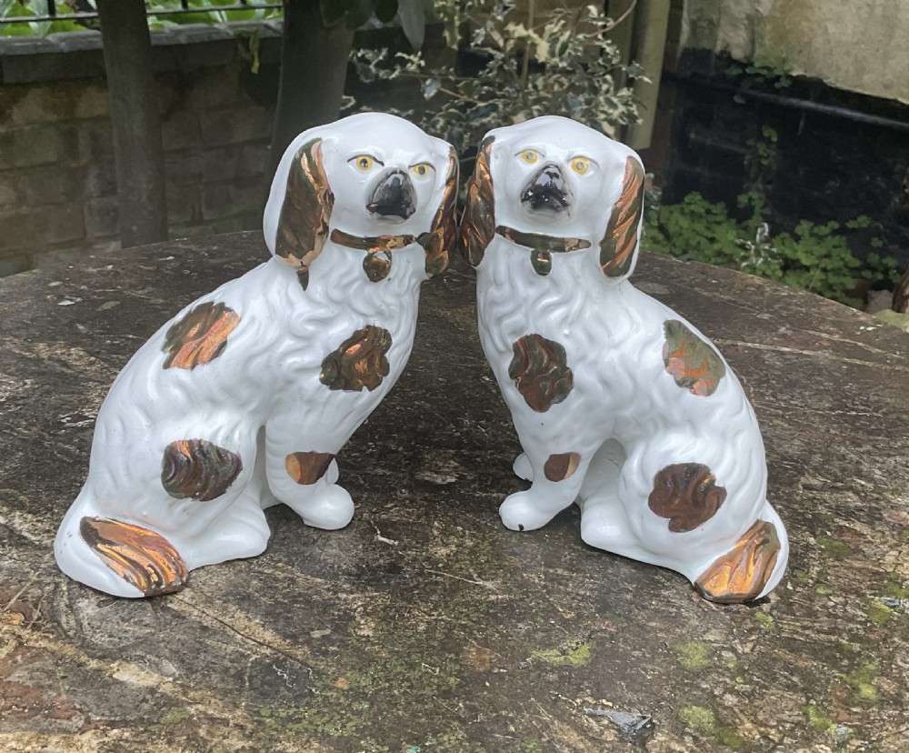 A pair of seated white Victorian ceramic Staffordshire spaniel dog figurines featuring copper lustre patches and ears.