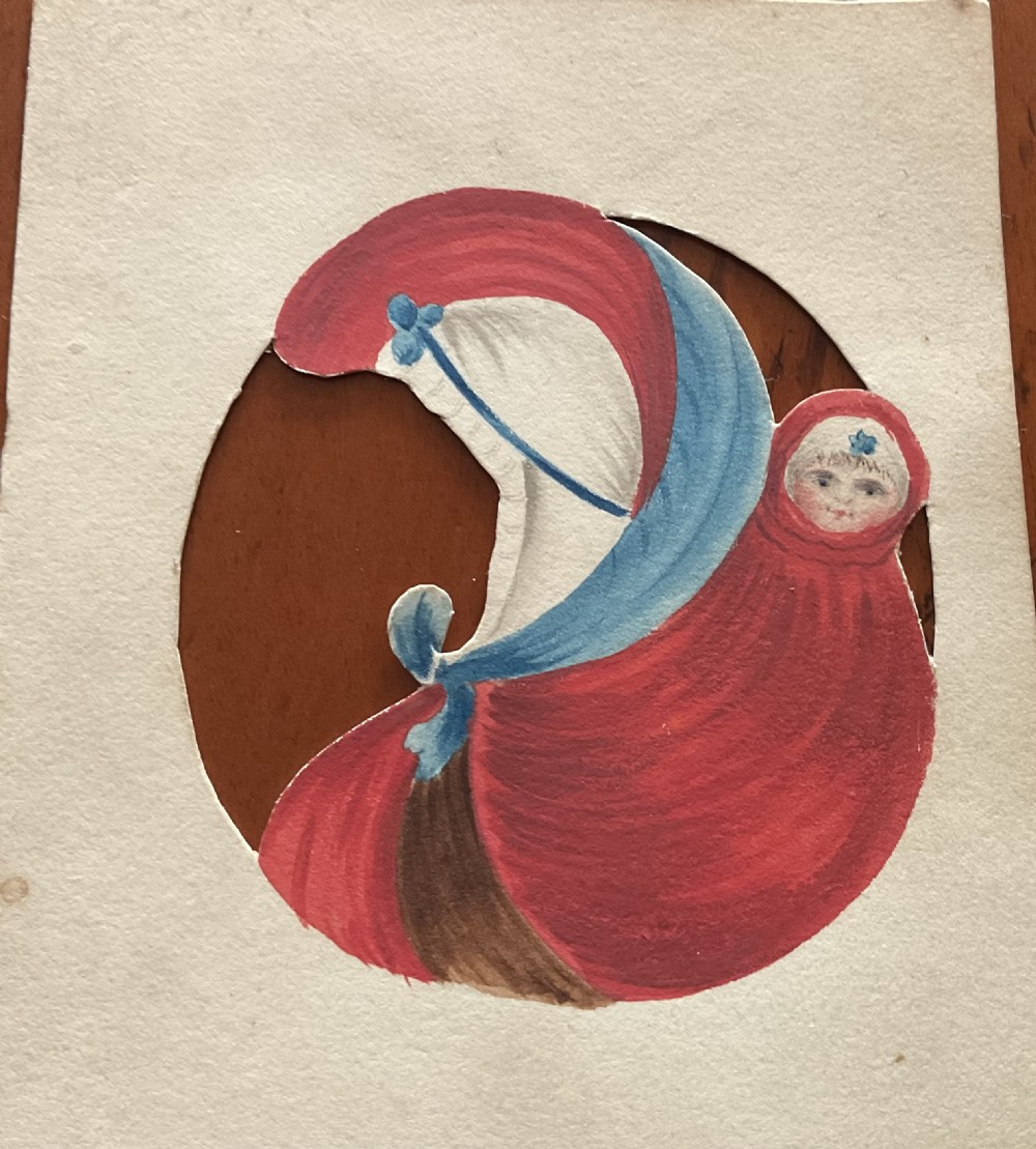 A Regency watercolour profile portrait of a woman surrounded by fourteen hand-painted paper costume overlays with cut-out apertures. View X