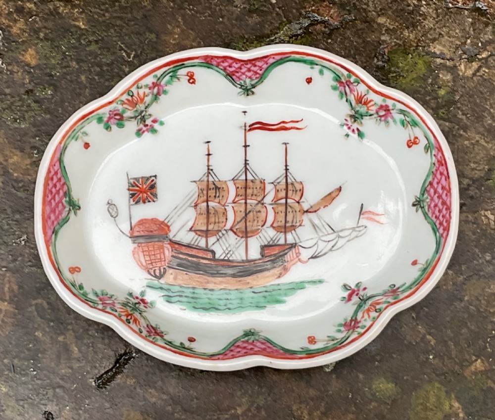 CHINESE FAMILLE ROSE BRITISH SHIP SPOON TRAY c1800