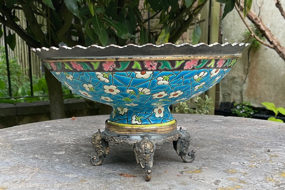 FRENCH LONGWY POTTERY GILT METAL MOUNTED BOWL c1890 View II