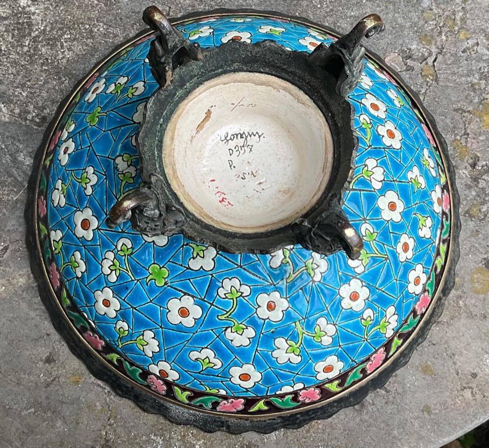 FRENCH LONGWY POTTERY GILT METAL MOUNTED BOWL c1890 View IV