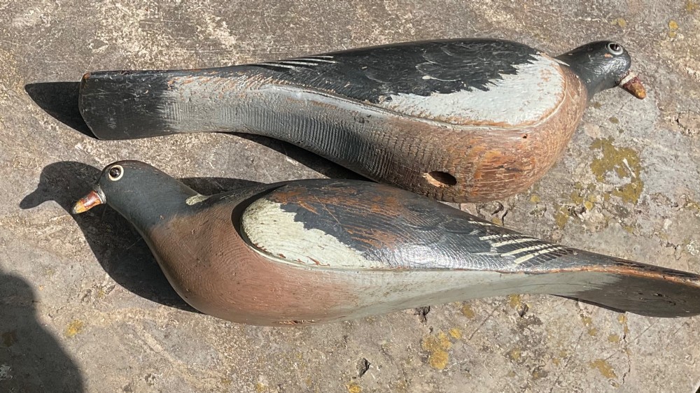 A pair of hand-carved and painted wooden pigeon decoys dating to circa 1900, showing grey and terracotta tones with worn patina. View IV
