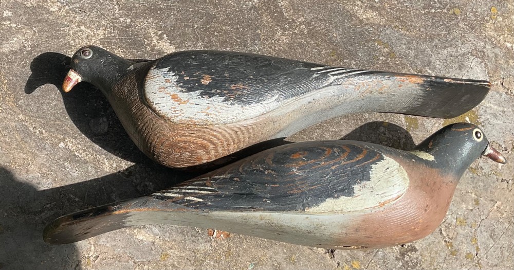 A pair of hand-carved and painted wooden pigeon decoys dating to circa 1900, showing grey and terracotta tones with worn patina. View V
