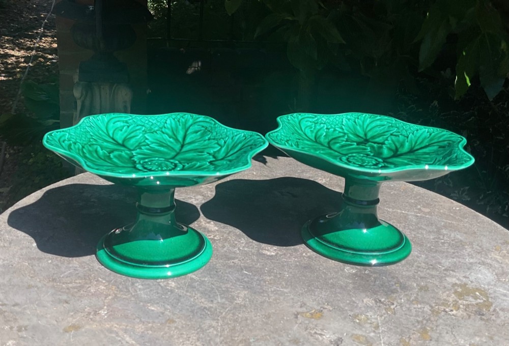 PAIR WEDGWOOD MAJOLICA GREEN LEAF COMPORTS STANDS c1870