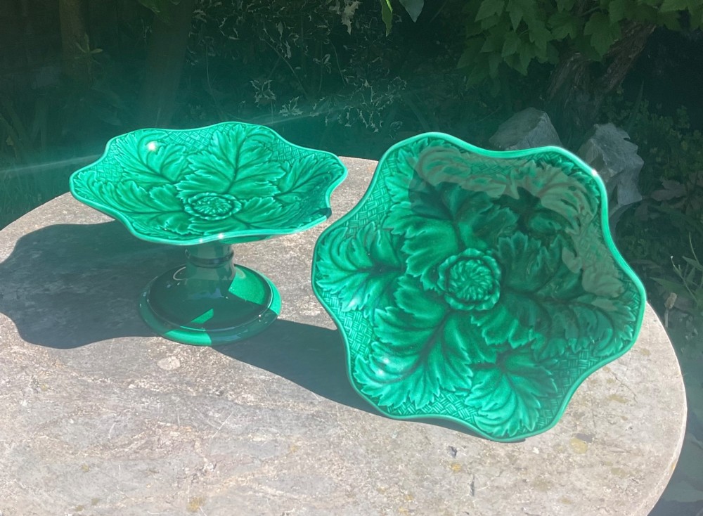 PAIR WEDGWOOD MAJOLICA GREEN LEAF COMPORTS STANDS c1870 View III