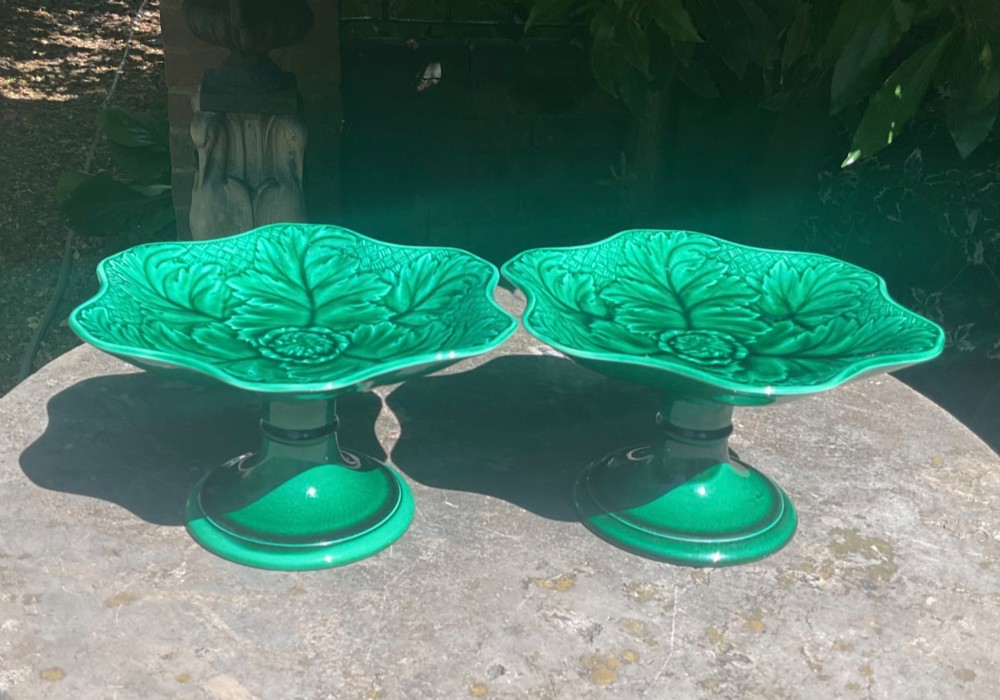 PAIR WEDGWOOD MAJOLICA GREEN LEAF COMPORTS STANDS c1870 View IV