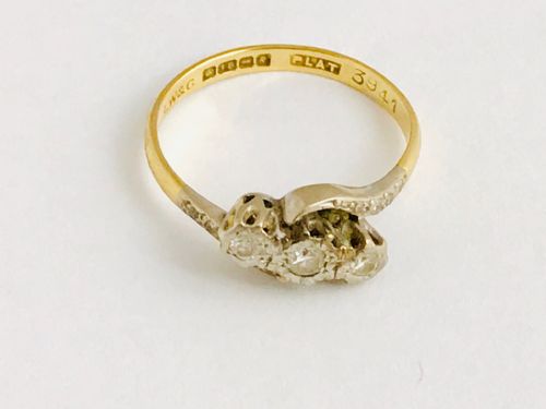 fig 1. Lovely Victorian 18ct Gold and Platinum 3 Stone Diamond Crossover Ring. Size N