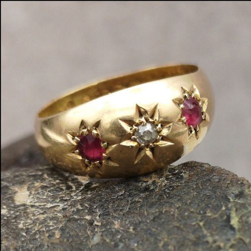 Antique 18ct. Yellow Gold Ruby & Diamond 3 Stone Ring
