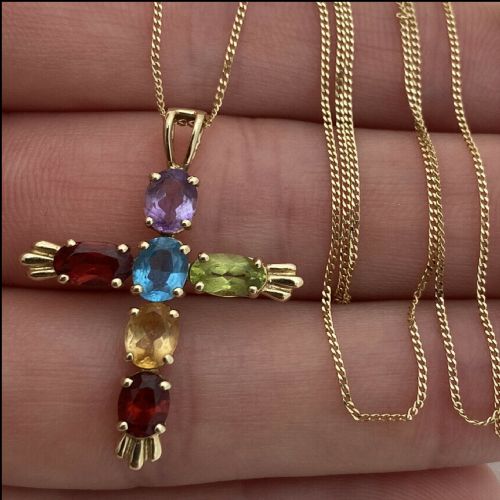 9ct Gold Multi-gem Citrine, Blue Topaz, Garnet, Peridot & Amethyst Cross Pendant Necklace