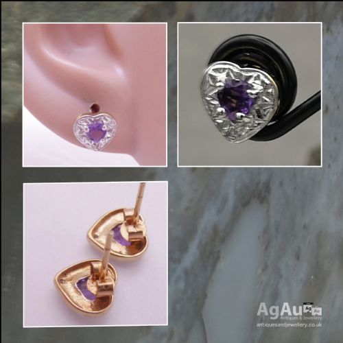 fig 1. 9ct Gold Pair of Diamond & Amethyst Heart Stud Earrings