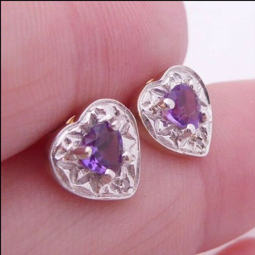 9ct Gold Pair of Diamond & Amethyst Heart Stud Earrings