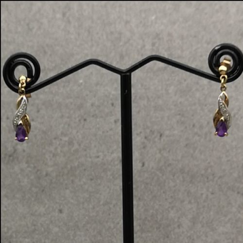 9ct Gold Amethyst and Diamond Drop Earrings