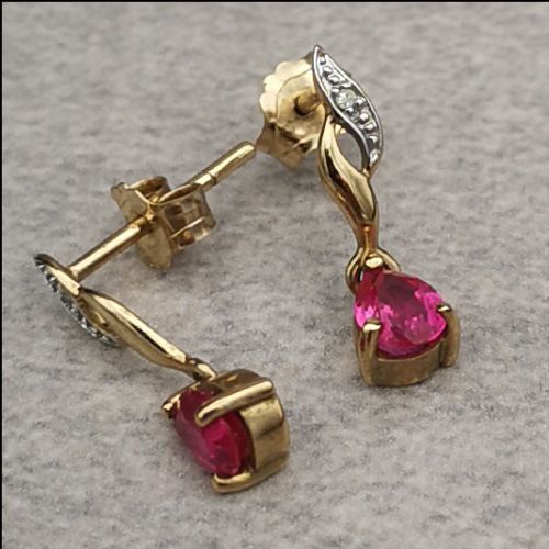 9ct Gold Diamond and Pink Sapphire Drop Earrings