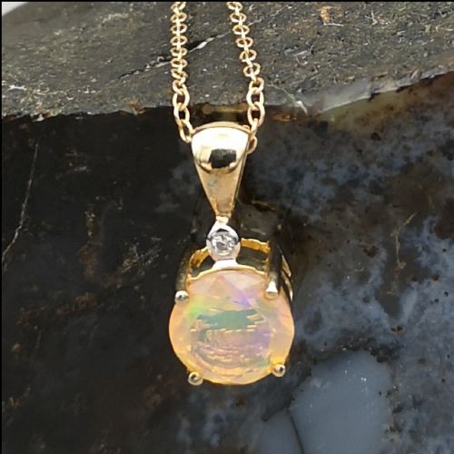 9ct Gold Opal and Diamond Pendant & Chain