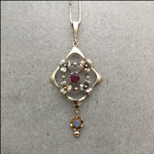 9ct Art Nouveau Garnet Lavalier Pendant with Opal Drop and Chain