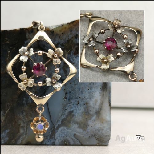 fig 1. 9CT ART NOUVEAU GARNET LAVALIER PENDANT WITH OPAL DROP AND CHAIN