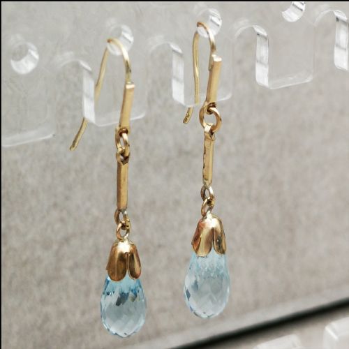 9ct Gold Art Deco Faceted Blue Topaz Drop Earrings