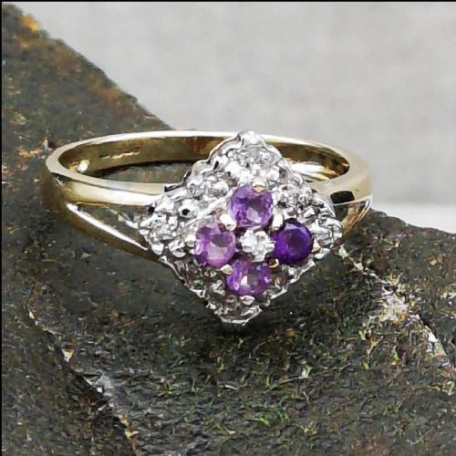 9ct Gold Amethyst and Diamond Cluster Ring