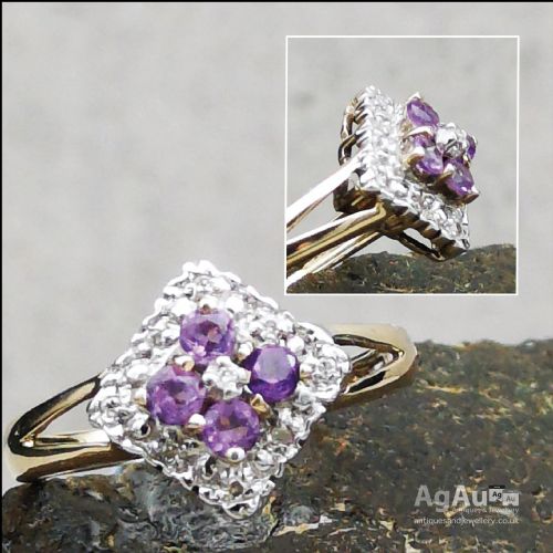 fig 1. 9ct Gold Amethyst And Diamond Cluster Ring