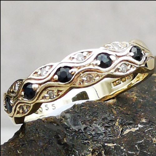 9ct Gold Sapphire and Double Row Diamond Ring