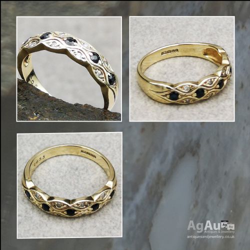 fig 1. 9ct Gold Sapphire and Double Row Diamond Ring